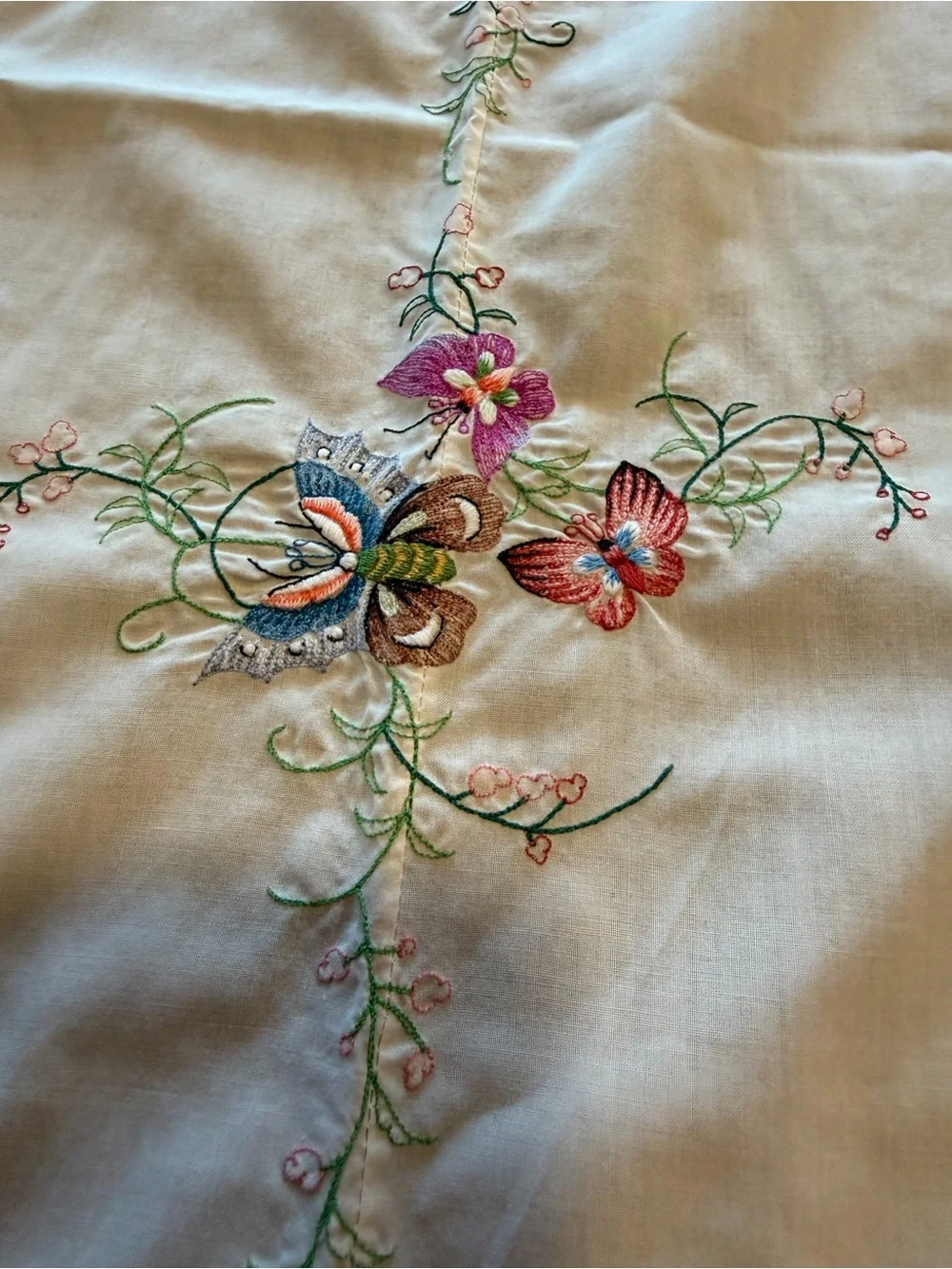 Vintage 79X64 Oval Embroidered Butterfly and Floral Tablecloth